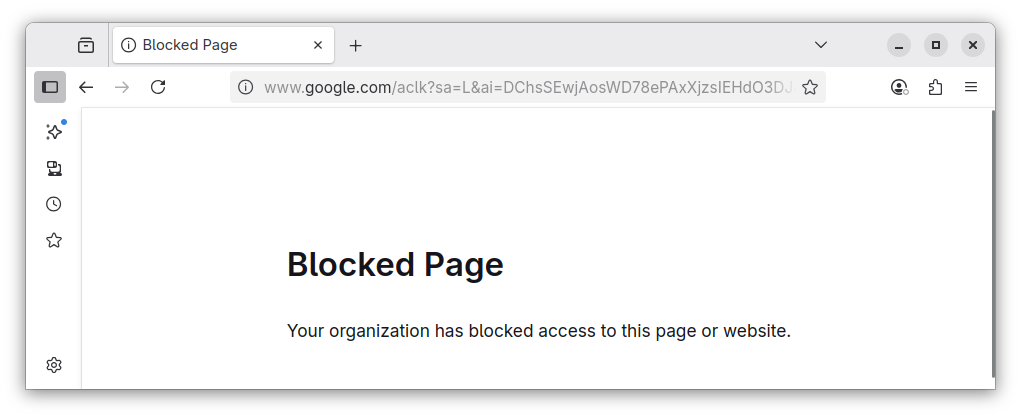 A user who accidentally clicks on search malvertising will get this “blocked page” page.