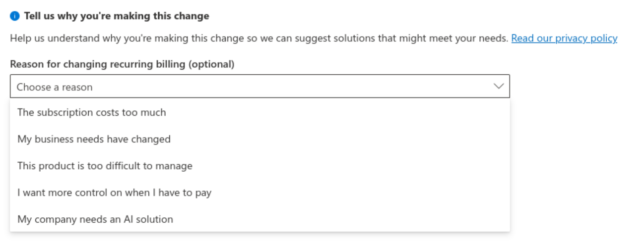 From the Microsoft 365 Business Basic cancellation survey