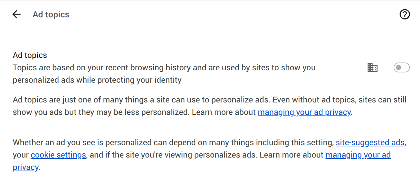 Screenshot showing a Google Chrome ad feature “managed by your organization” and turned off