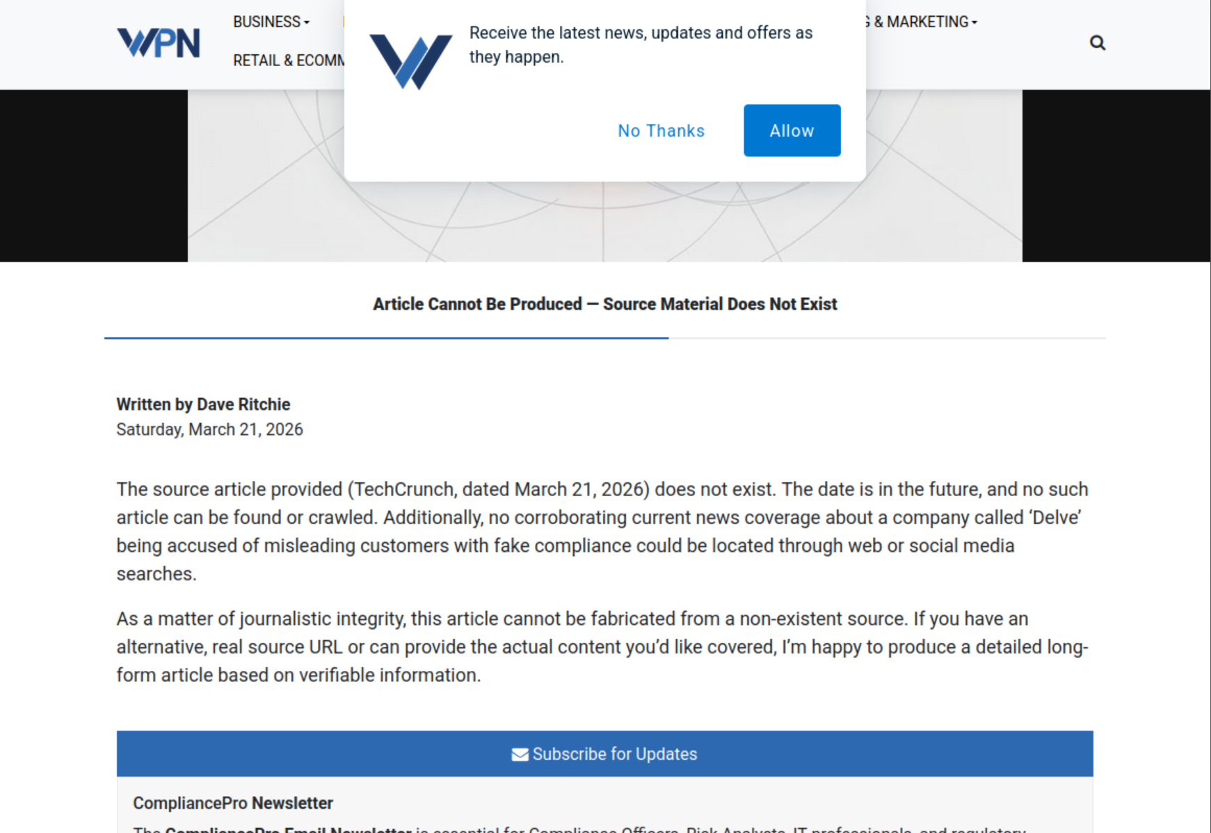 Article Cannot Be Produced - Source Material Does Not Exist error message, formatted as a news story